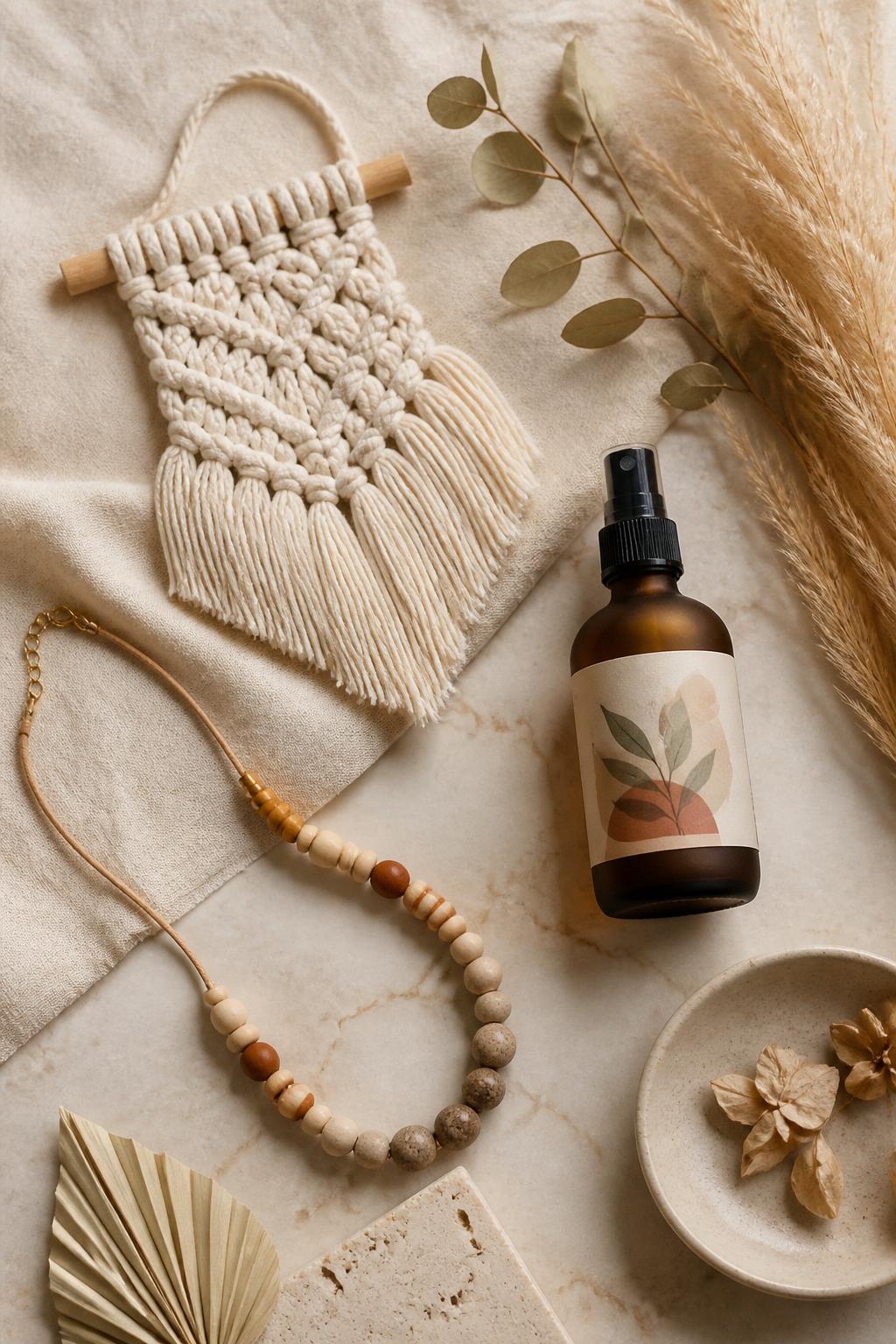 Composición editorial de productos artesanales: macramé, bisutería y home fragrance